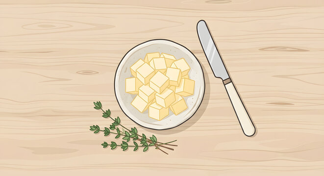 Diced butter cubes in a bowl with knife and thyme