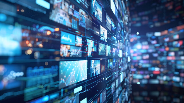 Digital data wall featuring dynamic video screens, glowing monitors, abstract network graphics, modern futuristic server room backdrop, massive information stream visualization for tech design concept