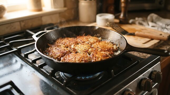 Crispy golden potato latkes cooking in a black cast iron skillet on a gas stove top.