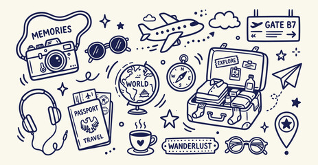 Travel themed hand-drawn doodle set with passport and airplane © VectorDesigner