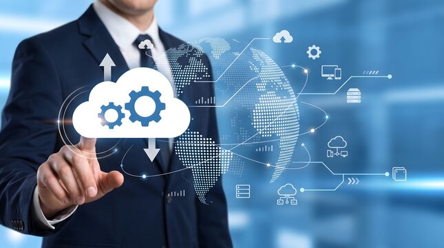 Businessman interacting with cloud computing and global network
