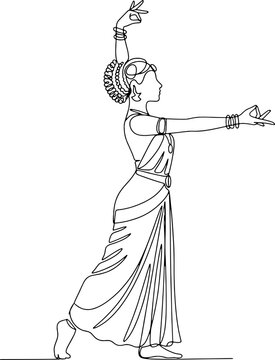 Minimalist continuous line art of an Indian classical dancer showcasing traditional Bharatanatyam mudras and cultural elegance