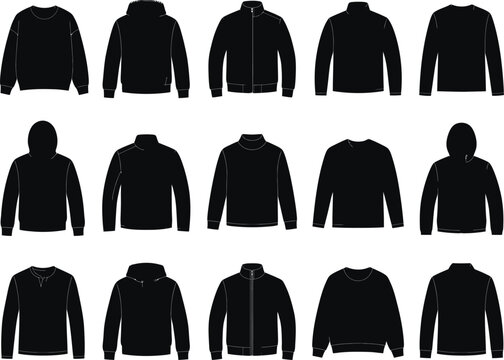 Set of black silhouettes of various mens jackets and hoodies isolated on a white background for fashion design