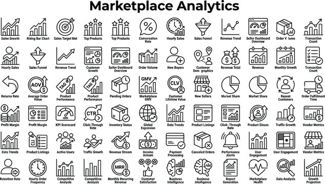 Comprehensive icon set for marketplace analytics and business data tracking with analytics icon