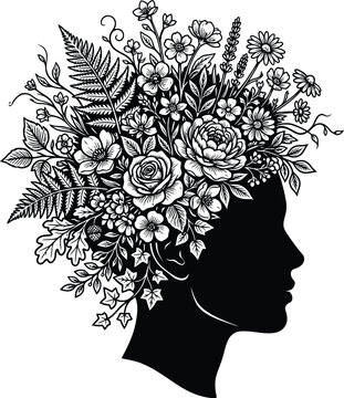 Black and white illustration of a woman silhouette with a crown of blooming flowers and fern leaves
