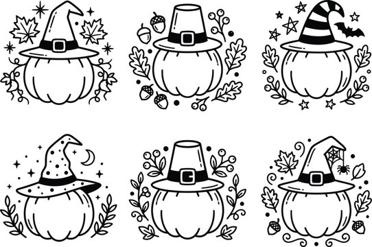 Set of hand drawn pumpkins wearing witch and pilgrim hats for fall autumn and halloween holiday design elements