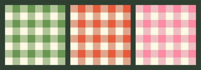 Obraz premium Pink, green and red buffalo plaid check seamless vector pattern set, cute checkered backgrounds for Christmas designs