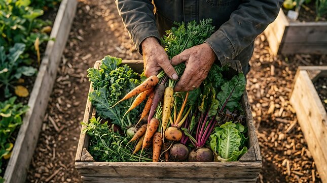 Hands Holding Fresh Harvested Vegetables in Wooden Crate