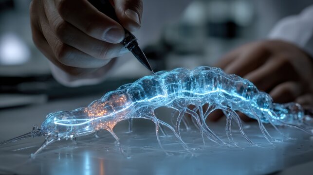 Professional researcher placing a glowing blue biolayer membrane over a model of a synthetic spinal cord representing the future of neuro-link technology and the cure for paralysis science 