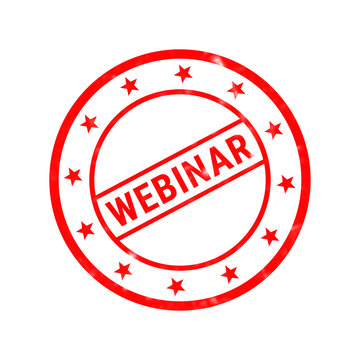 Red webinar rubber stamp icon, vintage style round web seminar seal, grunge online education stamp on white background
