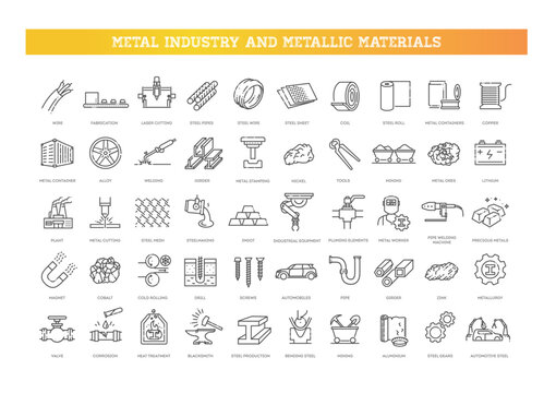Set of outline icons related to steel. Linear icon collection