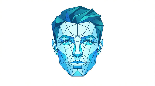 Digital illustration of a human face with geometric facial recognition grid overlay.