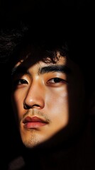 Fototapeta premium Dramatic portrait photograph featuring strong side lighting creating deep shadows across facial features, with warm highlights emphasizing depth and texture in a dark setting.