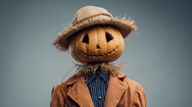 A person dresses as a scarecrow with a pumpkin head and a straw hat and collar. Concept of Halloween, autumn, fall, harvest, and spooky. Use it for backgrounds, templates, and holidays. Studio shot.