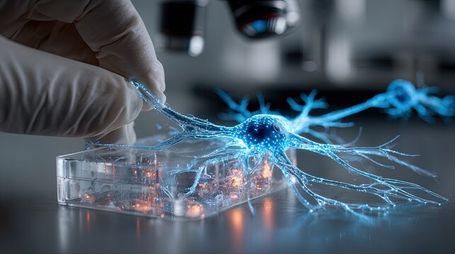 Professional researcher placing a glowing blue biolayer membrane over a model of a synthetic spinal cord representing the future of neuro-link technology and the cure for paralysis science 