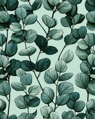 Biophilic nature pattern concept. Botanical illustration of eucalyptus branches with detailed leaves on blue.