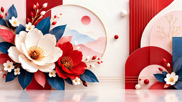 Elegant product display podium with red white flowers and circular geometric shapes
