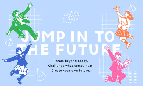 「JUMP IN TO THE FUTURE」カラフルな線画学生4人の水色Webバナーデザイン