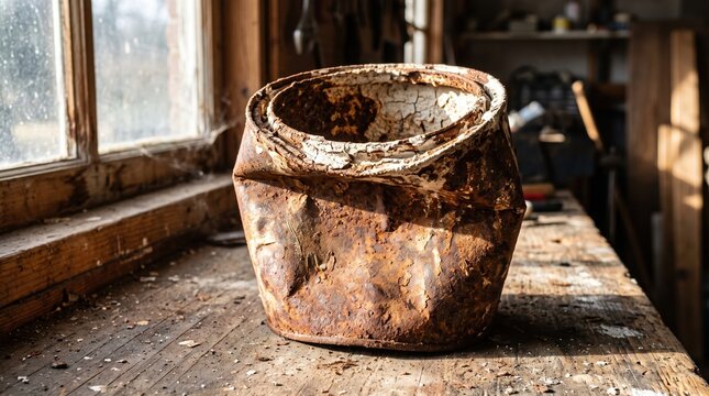 Rustic old terracotta pot in abandoned room with natural light