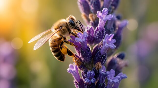 Close-up of Honeybee Collecting Nectar from Purple Lavender Flower in Soft Golden Sunlight, Macro Nature Photography for Agriculture and Wellness