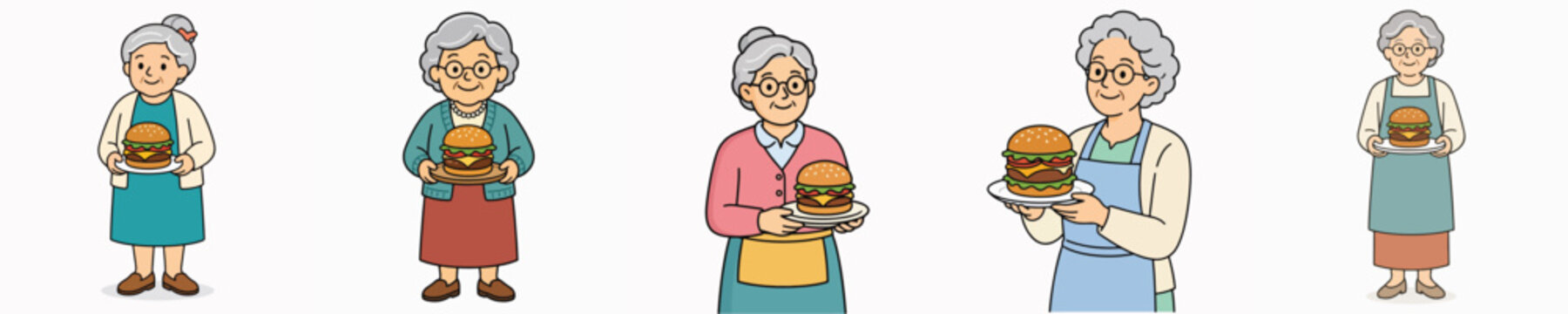 A set of vector illustrations of a grandmother standing and carrying a delicious burger.