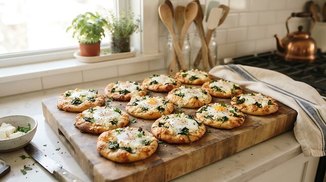 Homemade Mini Breakfast Pizzas with Baked Eggs, Spinach, and Cheese
