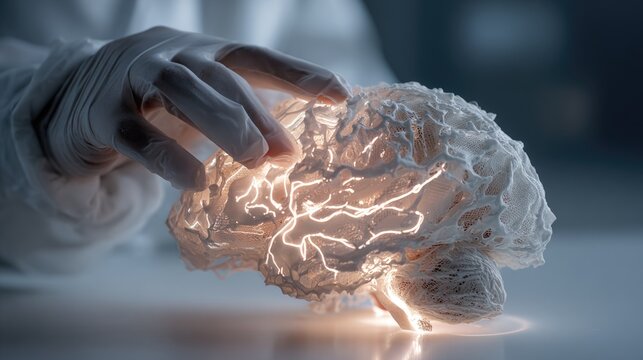 Professional researcher placing a glowing white biolayer membrane over a model of a synthetic brain representing the future of neuro-restorative surgery and the treatment of cognitive decline art
