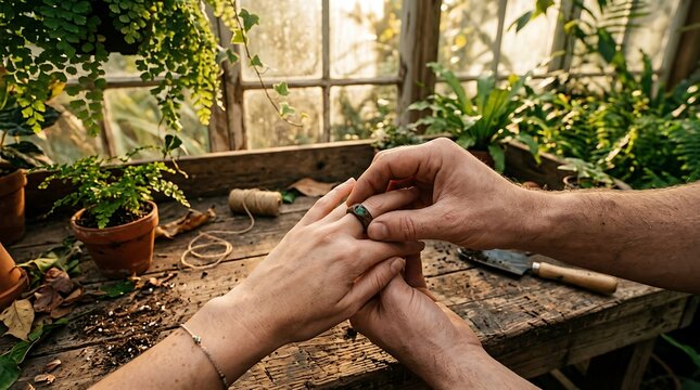 Romantic Marriage Proposal with Wooden Ring in Greenhouse