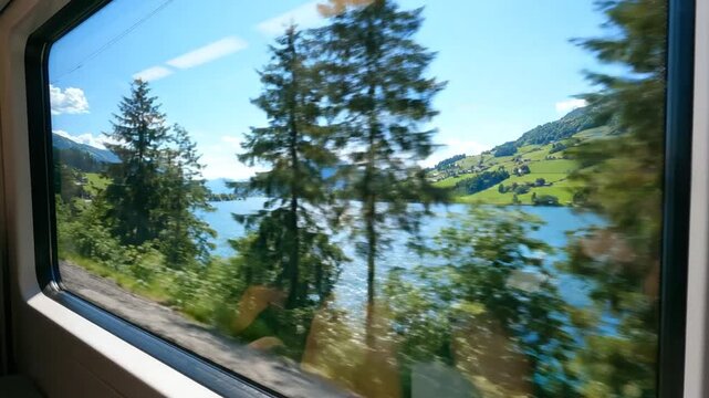Scenic mountain lake view from a moving train window in summer sunshine