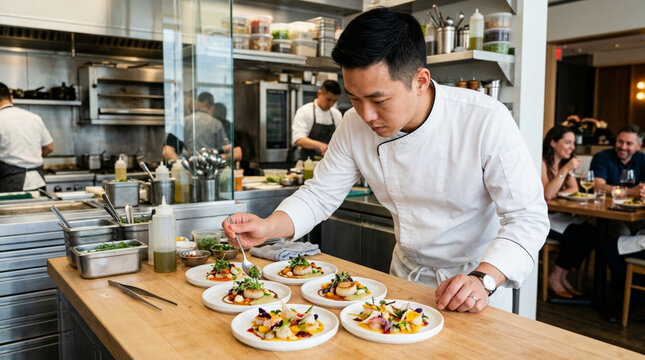 Professional Asian Chef Plating Gourmet Seafood Dishes in High-End Restaurant Kitchen