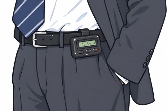 ビジネスマンがスーツの腰に装着した古いポケットベル（ページャー）のクローズアップイラスト