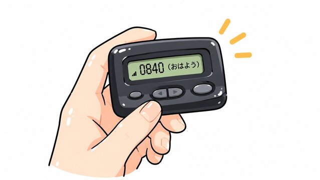 手に持ったポケットベル（ページャー）に「0840（おはよう）」と表示されたイラスト