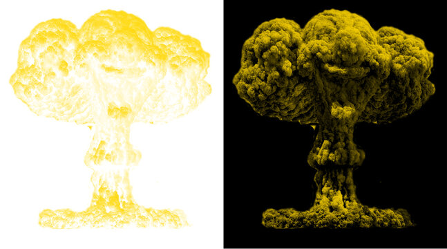 Nuclear explosion mushroom cloud illustration, yellow atomic blast smoke on black and white backgrounds, powerful war and energy concept art