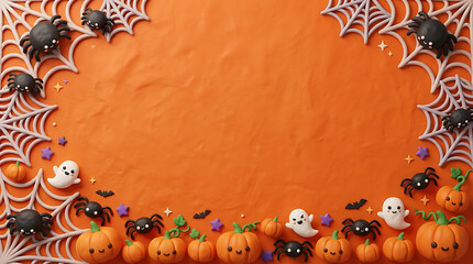 Fototapeta premium Cute Halloween Pumpkins Spiders Ghosts Cobwebs Festive Orange Border Flat Lay