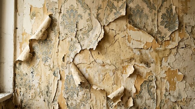 Damaged Old Wallpaper Peeling Off Cracked Plaster Wall