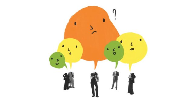 Stop motion of group standing beneath layered orange and yellow speech bubbles figures. Concept of social belonging for workplace wellbeing, public education and community programs.