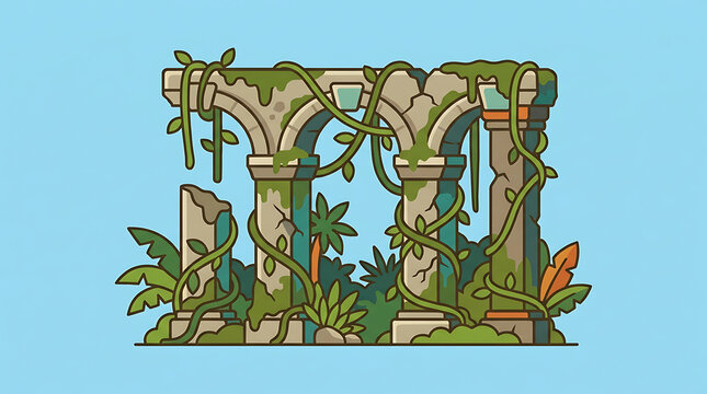 Ancient crumbling stone arches overtaken by lush tropical jungle vines