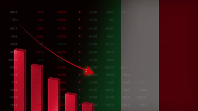 Economic crisis in Italy.Red falling graph animation with Italian flag.Stock market crash