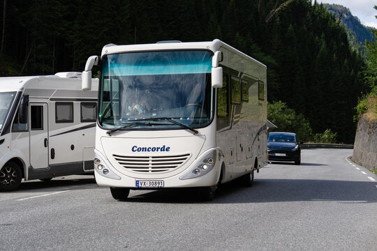 August 16, 2026, Skare, Norway - Concorde motorhome on a mountain road with a Tesla car