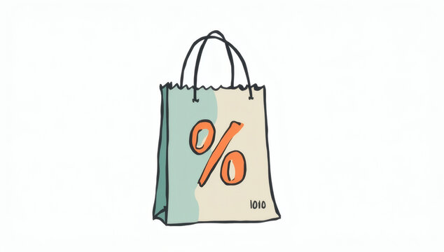 Hand-drawn illustration of a shopping bag with a percentage sign representing a retail sale or discount offer