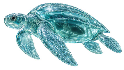 Fototapeta premium Transparent teal glass sea turtle with shell plate and flipper detail. 3D CGI isolated on white background, Frutiger Aero glass aesthetic.