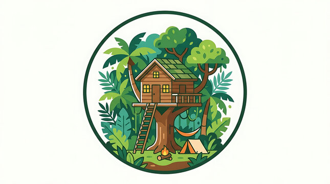Wooden treehouse built in a large tree within a lush tropical jungle