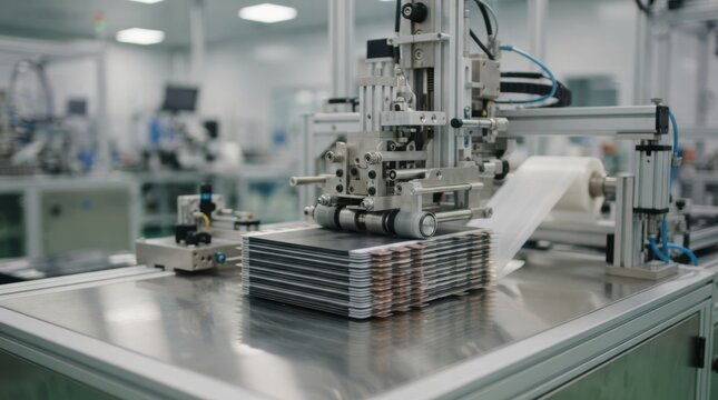 Automated stacking machine laying anode and cathode sheets with separator film on a polished metal bed.