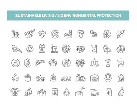 Sustainable Living and Environmental Protection Line Icons Collection