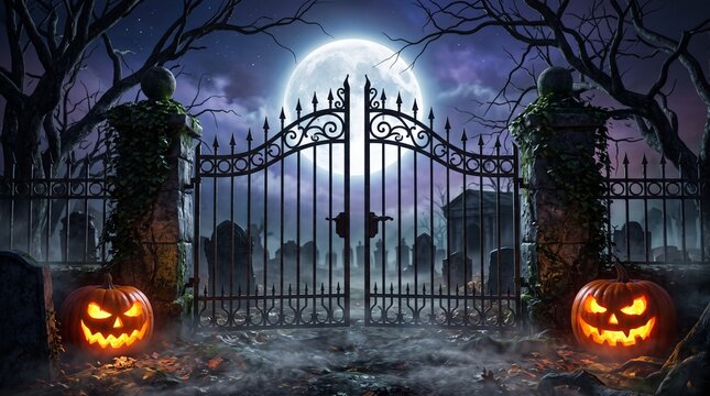 A spooky halloween night scene featuring a wrought iron gate pumpkins and a full moon in a graveyard