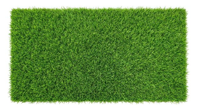 A rectangular artificial grass mat sits on a white surface. The grass is a vibrant green color and appears dense and textured.