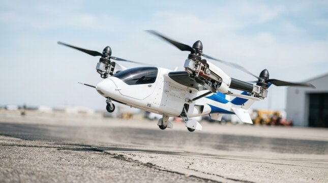 Compact vtol aircraft prototype lifting from runway edge with angled rotors, white fuselage, and blurred sky backdrop.