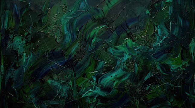 A dark, textured abstract painting dominates the image. The artwork features a swirling, turbulent composition of deep greens, blues, and blacks.