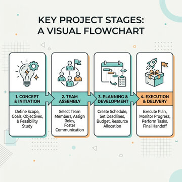 Colorful flowchart showing key project stages from concept to execution in business planning