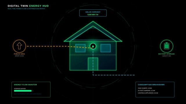 Digital Twin Technology Interface Showing Smart Home Energy Flow and Real Time Power Distribution